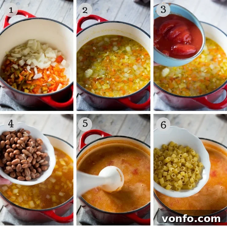 A four-panel step-by-step image guide demonstrating the process of making pasta fagioli soup: first, sautéing vegetables; second, adding broth and tomatoes; third, incorporating beans; and finally, cooking pasta in the soup.