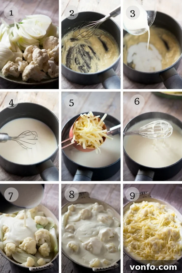 Visual Guide to Making Cauliflower Cheese and Fennel Step-by-step photos illustrating the process of making baked cauliflower cheese, from preparing vegetables to pouring sauce