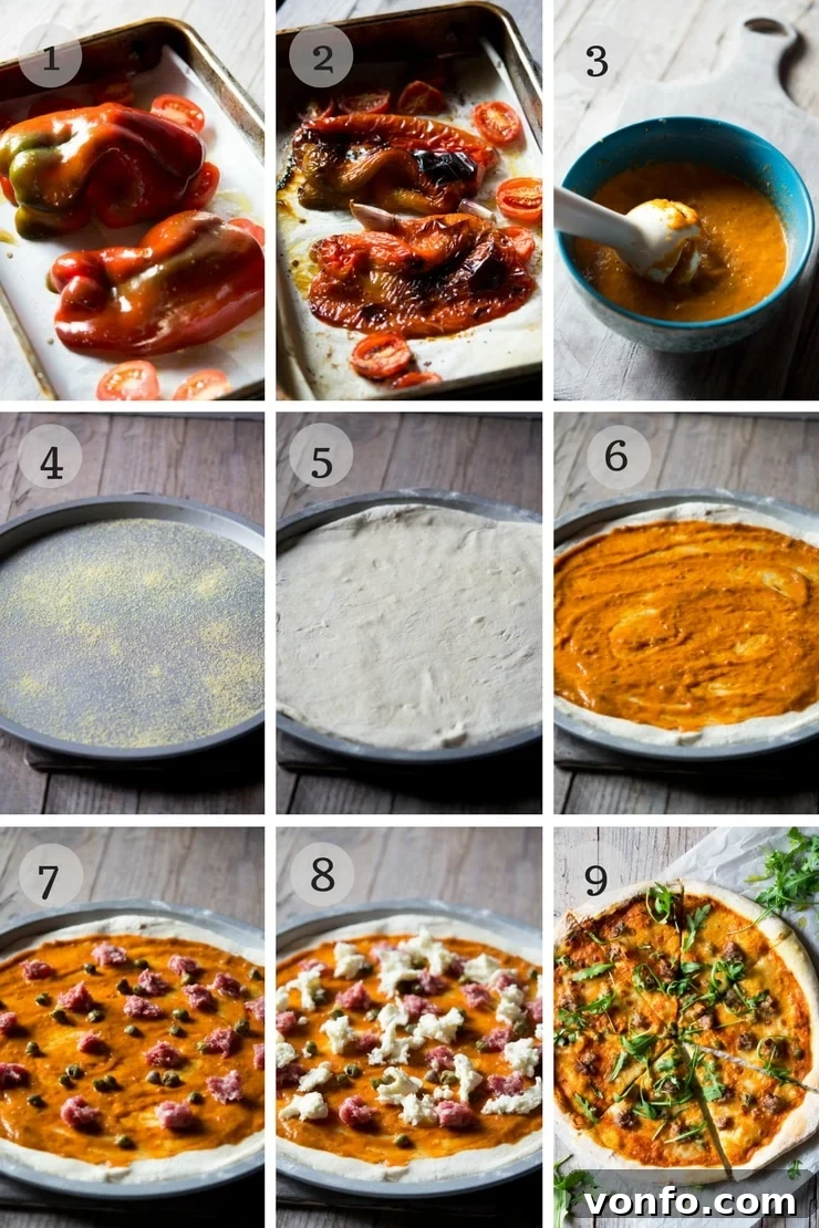 step by step photos for making pizza with sausage and roasted red pepper sauce step by step photos for making pizza with sausage and roasted red pepper sauce
