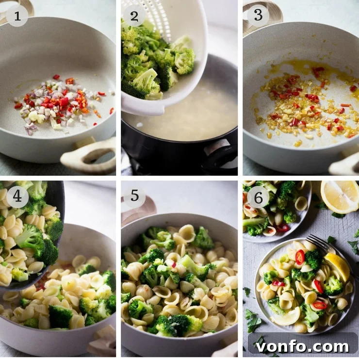 Broccoli and Pasta Cooking Stages Step by step photos for making a healthy broccoli pasta, showing ingredients being combined and cooked.
