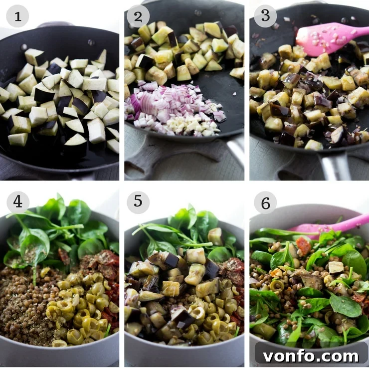 Lentil Salad Preparation Steps Step-by-step photos illustrating the preparation of the lentil salad, showing sautéed eggplant, onion, and garlic in a pan, and then the combined salad ingredients in a mixing bowl.
