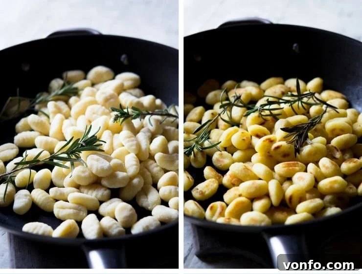 Gnocchi Frying in a Pan with Rosemary step by step pgotos for making pan fried gnocchi