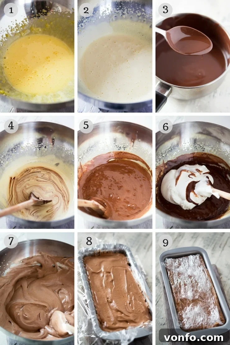 Step-by-step photos illustrating the process of making a chocolate semifreddo recipe, including whisking eggs and melting chocolate