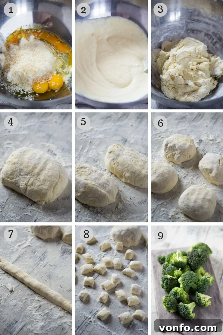 step by step photos for how to make ricotta gnocchi Step by step photos illustrating the process of making ricotta gnocchi dough, from mixing ingredients to forming and cutting the dumplings, ideal for visual learners.