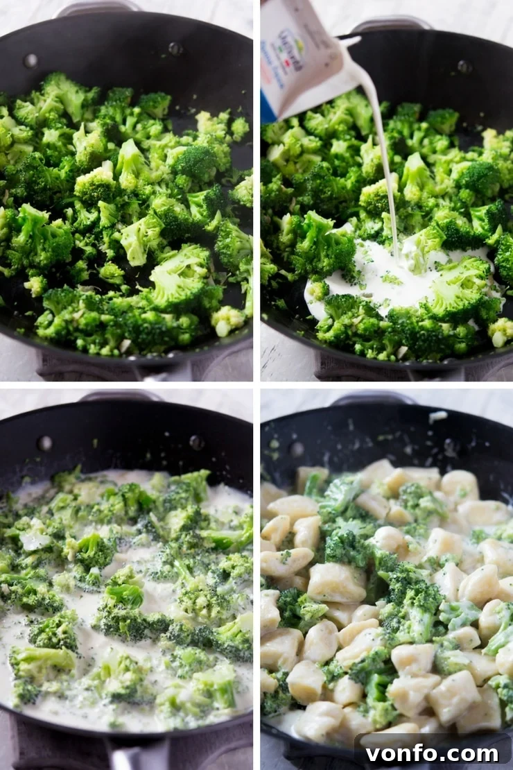 Step by step photos for making a broccoli cream sauce for ricotta gnocchi Step by step photos demonstrating the creation of a rich broccoli parmesan cream sauce, from sautéing garlic to simmering cream and adding cheese, ensuring a perfect accompaniment for gnocchi.