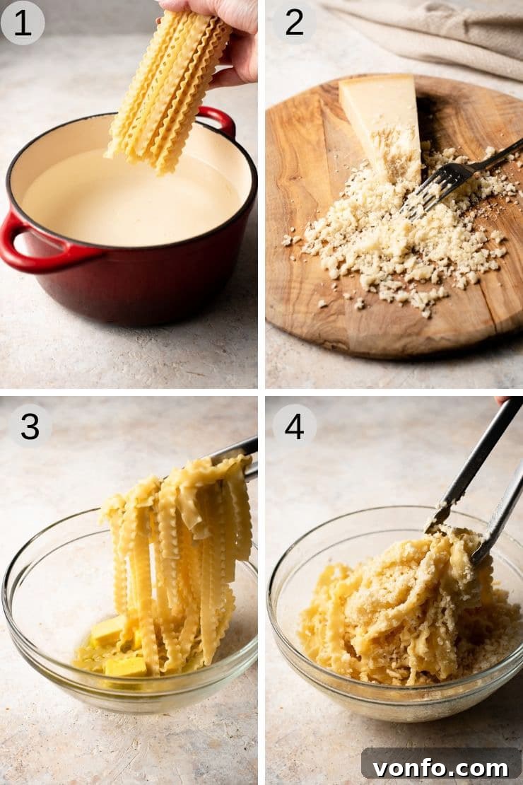 Step by step photos for making parmesan pasta, showing pasta boiling and parmesan being grated with a fork.