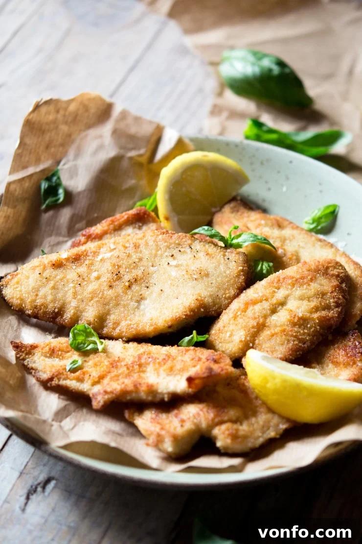 Perfectly Fried Chicken Cutlets with Lemon A close-up side view of golden-brown breaded chicken cutlets artfully arranged on a plate, accompanied by vibrant green basil leaves and bright yellow lemon wedges, emphasizing their crispy texture.