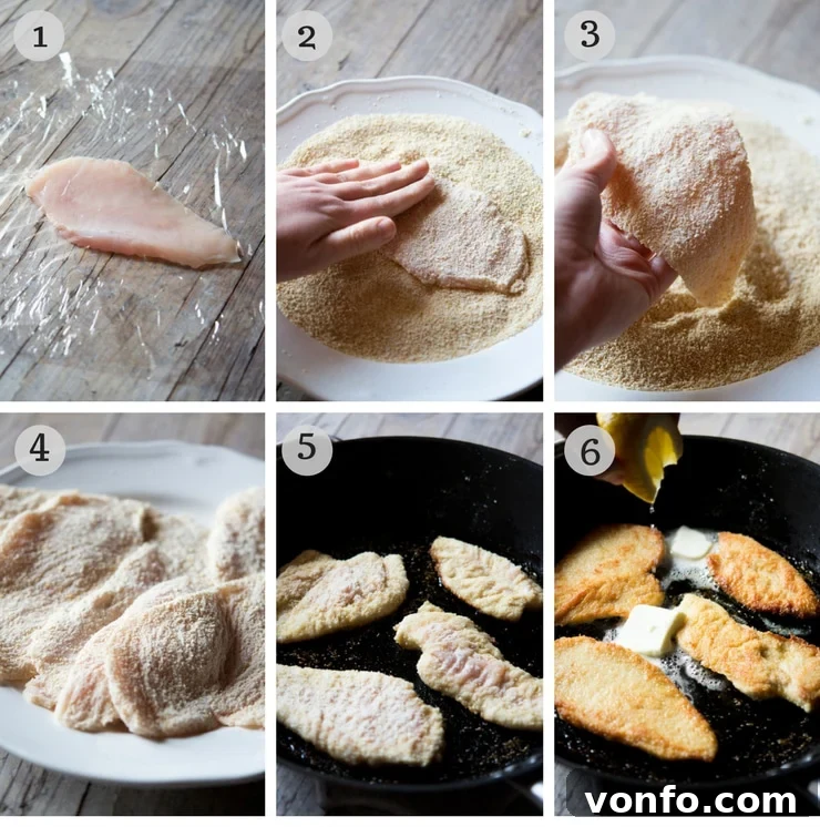 Step-by-Step Breading Chicken Cutlets A collage of three step-by-step photos illustrating the process of preparing breaded chicken cutlets. The first shows pounding chicken, the second shows breading one side, and the third shows breading the other side.