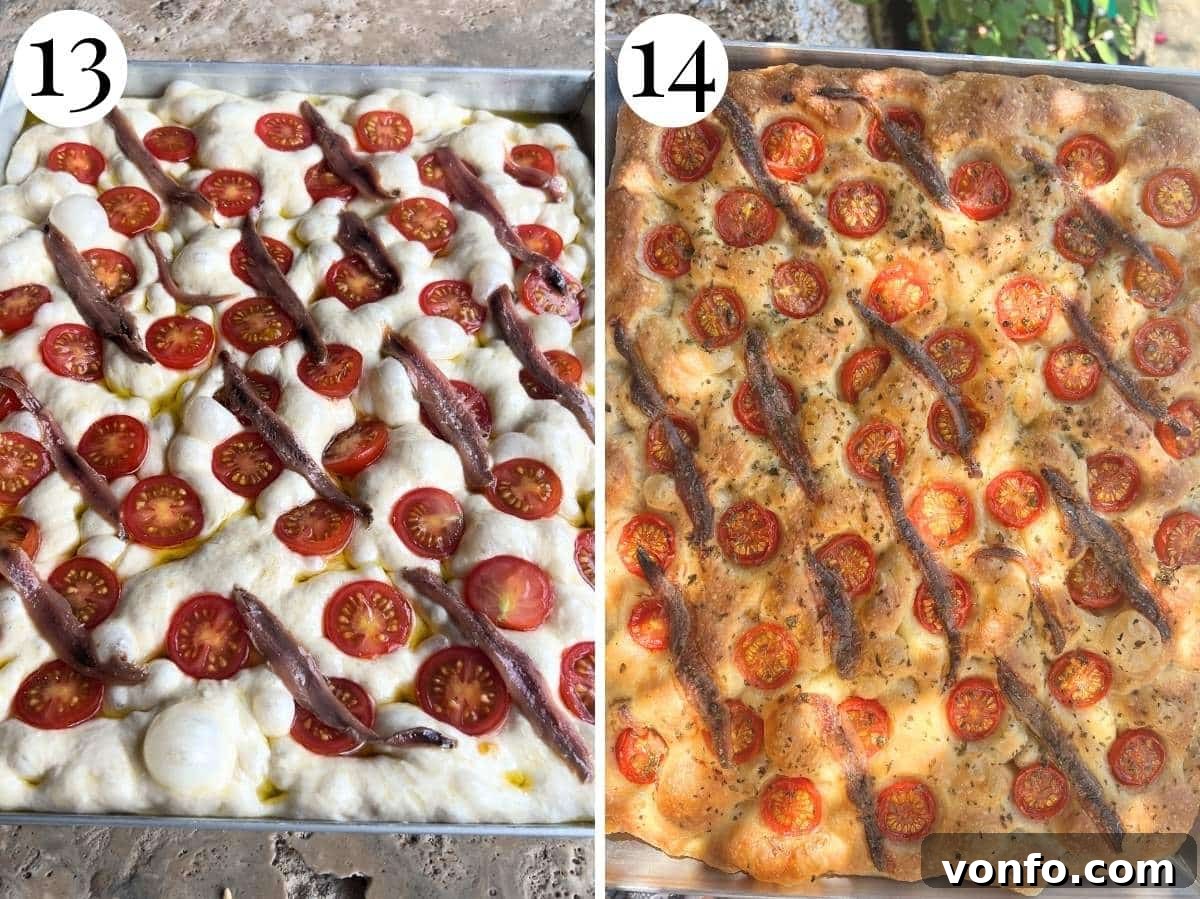 Coastal Focaccia with Bursting Cherry Tomatoes, Salty Anchovies, and Aromatic Oregano 6 Two photos in a collage showing how a cherry tomato and anchovy focaccia looks before and after baking, highlighting the color and texture changes.