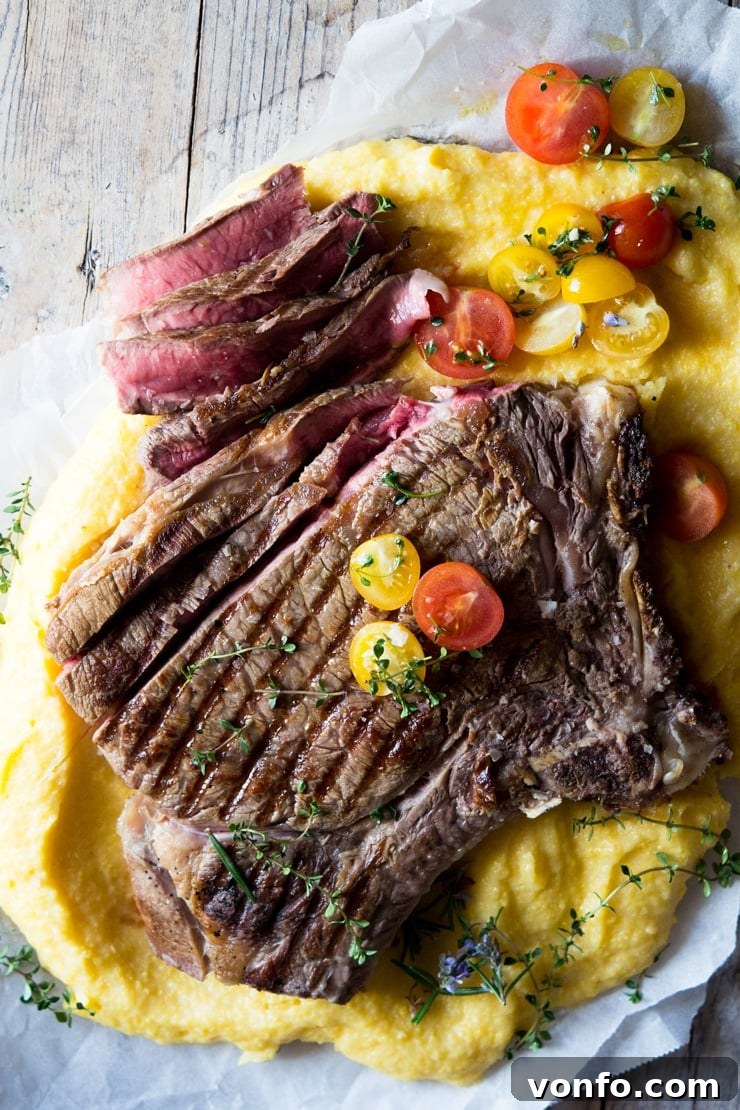 Authentic Bistecca alla Fiorentina with Herbs An overhead shot of a perfectly grilled Florentine steak on a rustic wooden surface, garnished with fresh herbs, showcasing its thick cut and charred exterior.