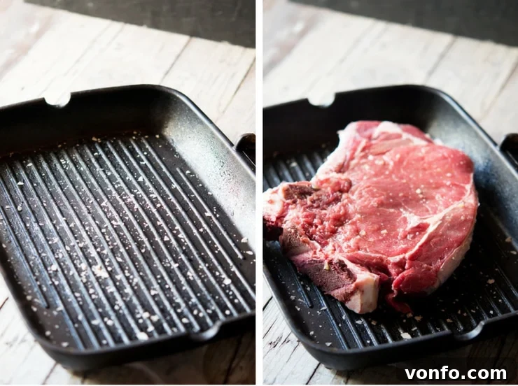Grilling Florentine Steak Step-by-Step Step-by-step photos illustrating the grilling process of a Florentine steak, showing the steak on a hot griddle pan developing a charred crust.