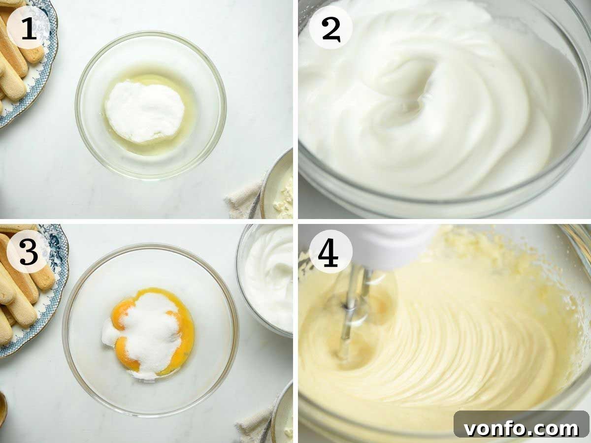 Step by step photos showing how to whisk egg whites and yolks