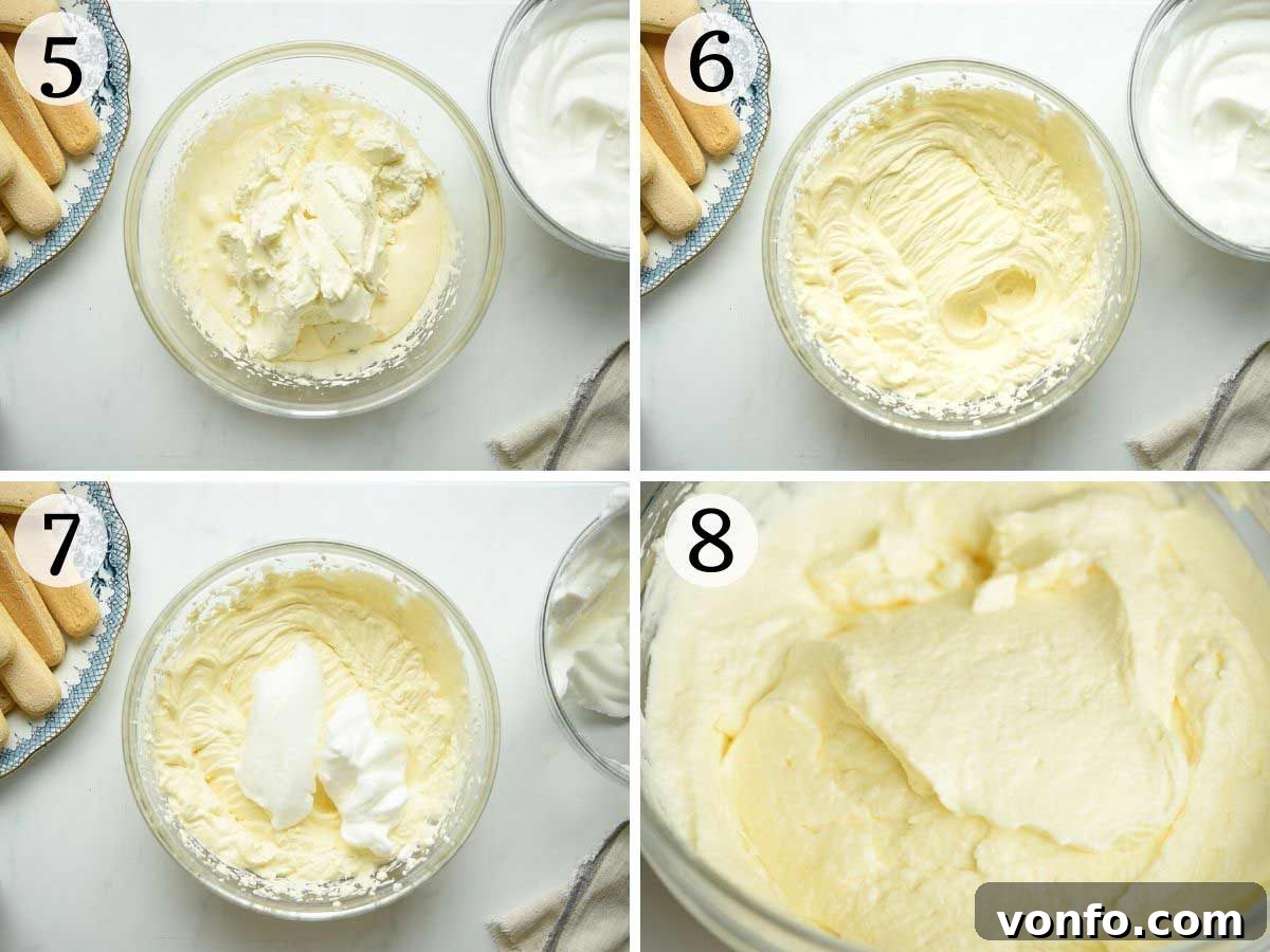 Step by step photos showing how to prepare the mascarpone filling for tiramisu