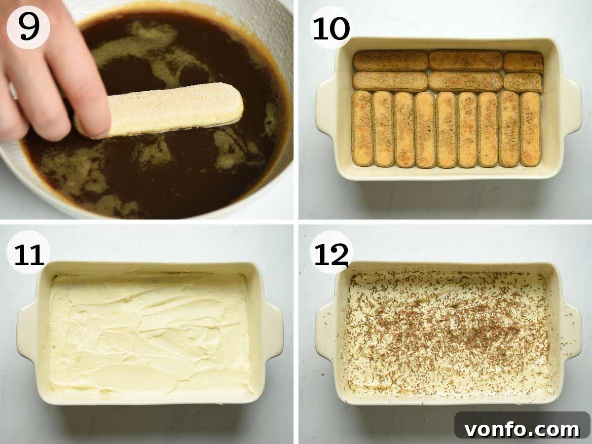 Step by step photos showing how to assemble a tiramisu