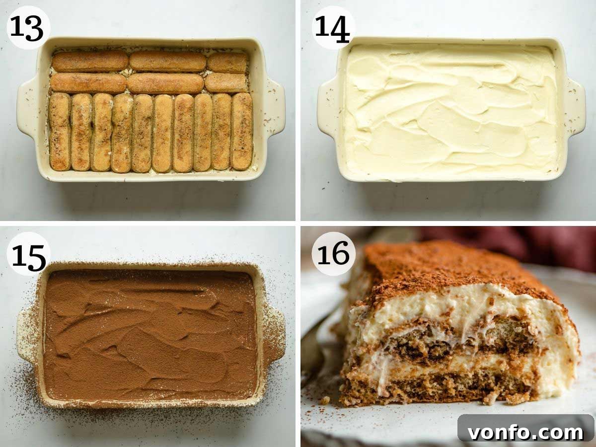 Step by step photos showing how to finish making a tiramisu