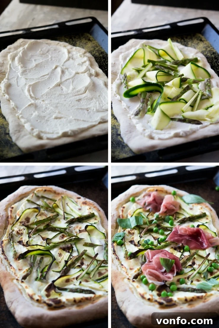 White Pizza Assembly: Zucchini, Prosciutto, Asparagus Step by step photos illustrating how to assemble a white pizza with zucchini, prosciutto, asparagus, and buffalo mozzarella toppings before and after baking.