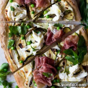 Fresh Spring Pizza with Zucchini, Prosciutto, Asparagus and Buffalo Mozzarella 2 Spring White Pizza with Zucchini, Prosciutto, Asparagus and Buffalo Mozzarella