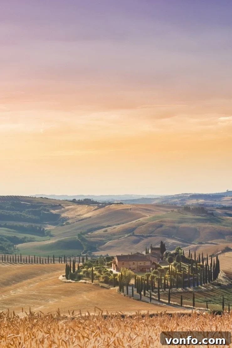 A photo of the Tuscan countryside, an old rustic farmhouse with cypress trees surrounding it A serene photo capturing the beauty of the Tuscan countryside, featuring an old rustic farmhouse nestled among elegant cypress trees under a clear, bright sky.
