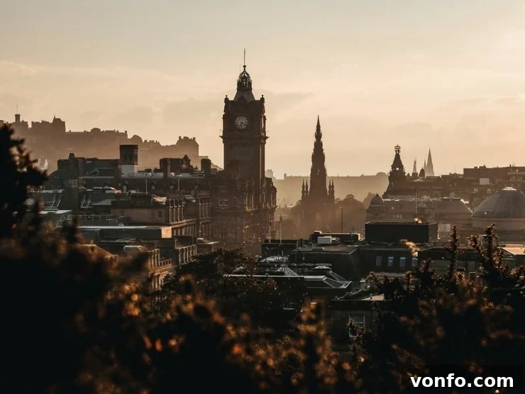A photo of Edinburgh city at dawn A beautiful photo of Edinburgh city at dawn, showcasing its historic architecture and a sense of calm and anticipation as the city awakens.