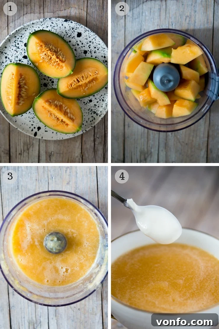 Melon Gazpacho Soup Preparation Steps Step-by-step photos for making melon gazpacho soup, showing melon chunks, blended soup, and garnishing