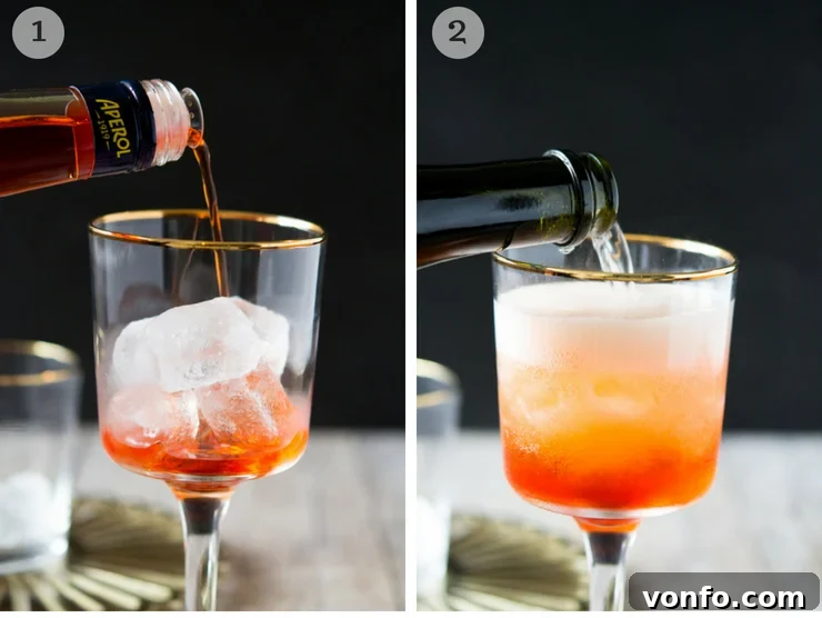Visual guide to mixing a refreshing Aperol Spritz Step-by-step process of making an Aperol Spritz, showing ingredients and the cocktail being assembled in a glass.