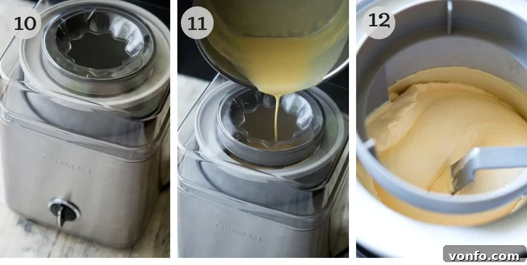 Amalfi Lemon Limoncello Gelato 5 Detailed step-by-step photographs illustrating the process of pouring the prepared lemon custard into an ice cream machine, highlighting key stages for successful churning of homemade ice cream.