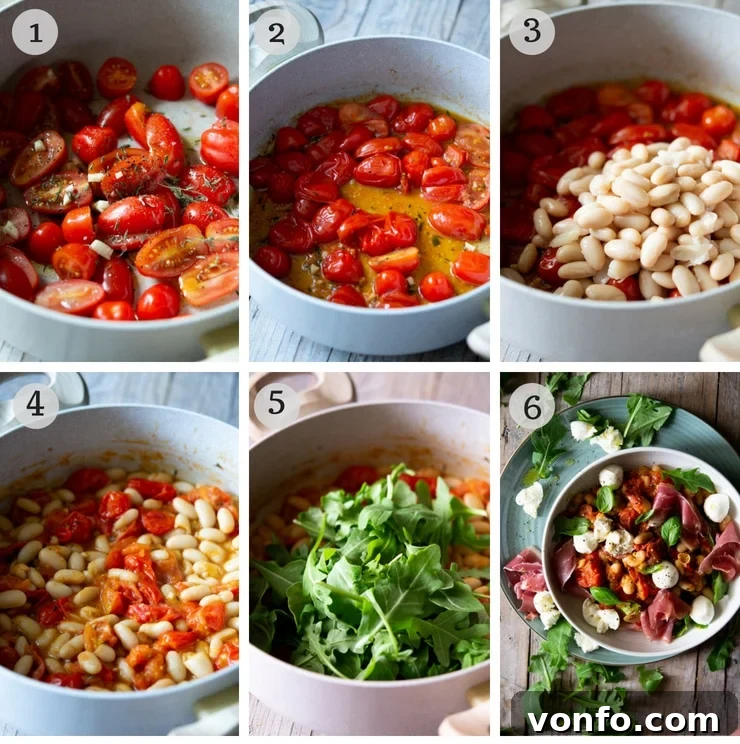 Step by step photos showing cherry tomatoes being sautéed with garlic and herbs, then gently squashed in a pan to create a rich sauce for the white bean salad