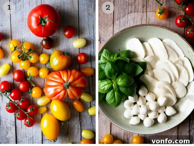 Prepared ingredients for a beautiful Caprese Salad. A collage image showcasing various colored tomatoes and thick slices of fresh mozzarella, ready for assembly into a Caprese salad.