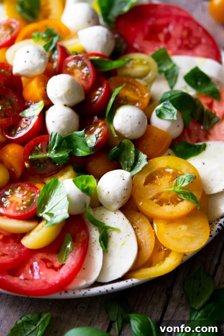Close-up of a beautifully composed Caprese Salad. A close-up shot of a classic Caprese salad, showcasing the vibrant colors of different colored tomatoes, fresh mozzarella, and basil leaves.