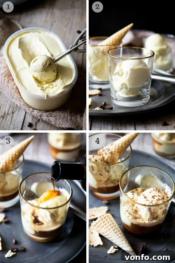 Step by step photos for making an affogato dessert, showing espresso being poured over ice cream