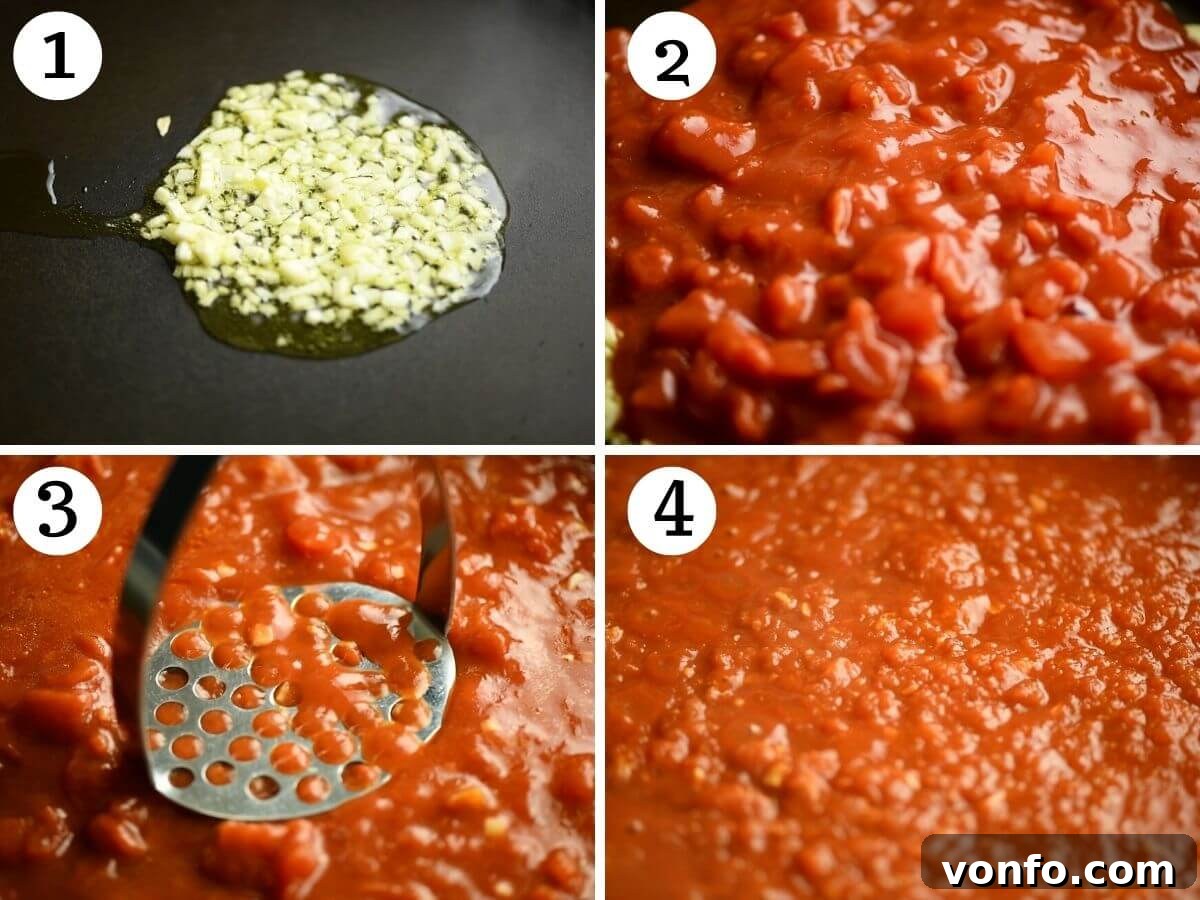 Authentic Italian Tomato Sauce Effortlessly Delicious 2 Four photos in a collage showing how to gently fry garlic and simmer tomatoes for the sauce