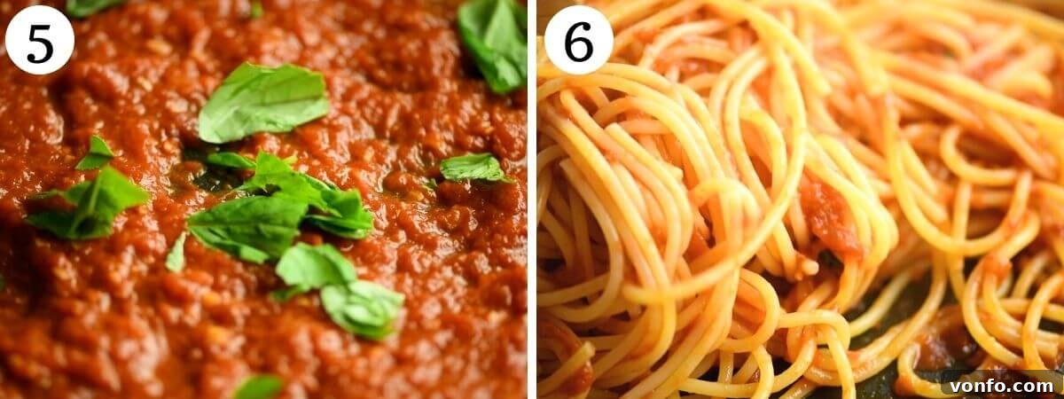 Authentic Italian Tomato Sauce Effortlessly Delicious 3 Two photos in a collage showing a finished tomato sauce and tomato sauce served with spaghetti