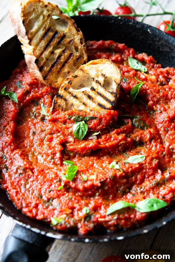 Delicious Italian tomato sauce in a sauce pan garnished with basil and ciabatta Italian tomato sauce in a sauce pan garnished with fresh basil and two slices of ciabatta bread at the side