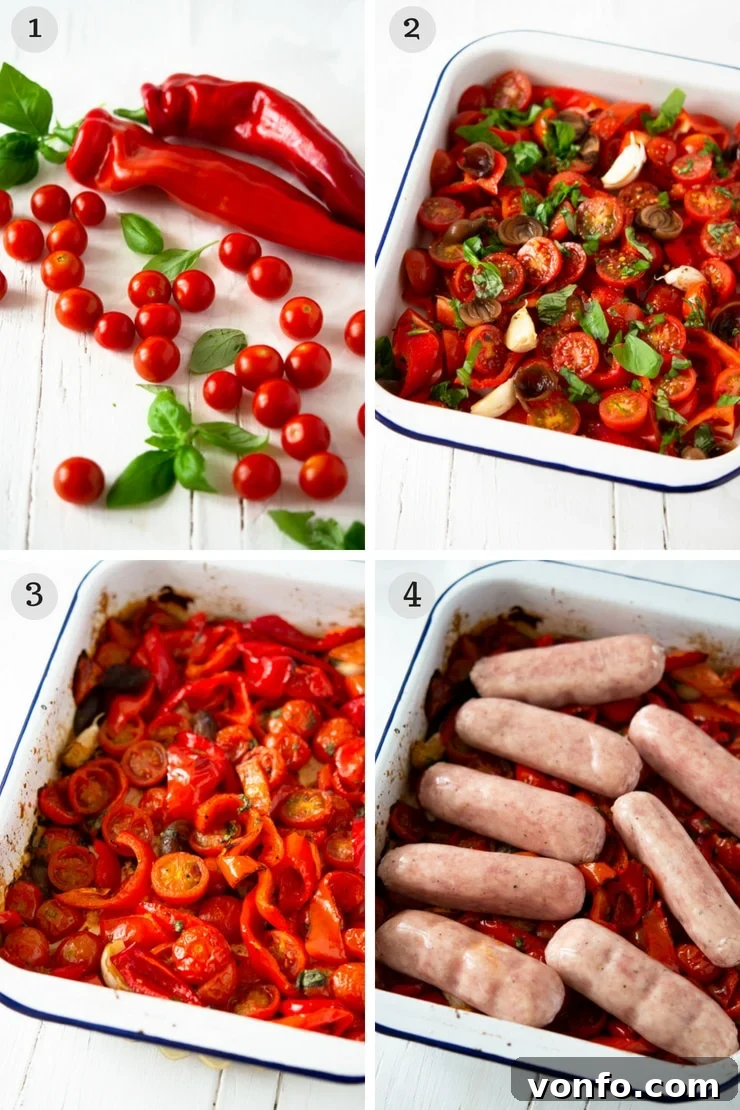 Step-by-step photos for making an Italian sausage bake, showing vegetables prepped in a baking dish
