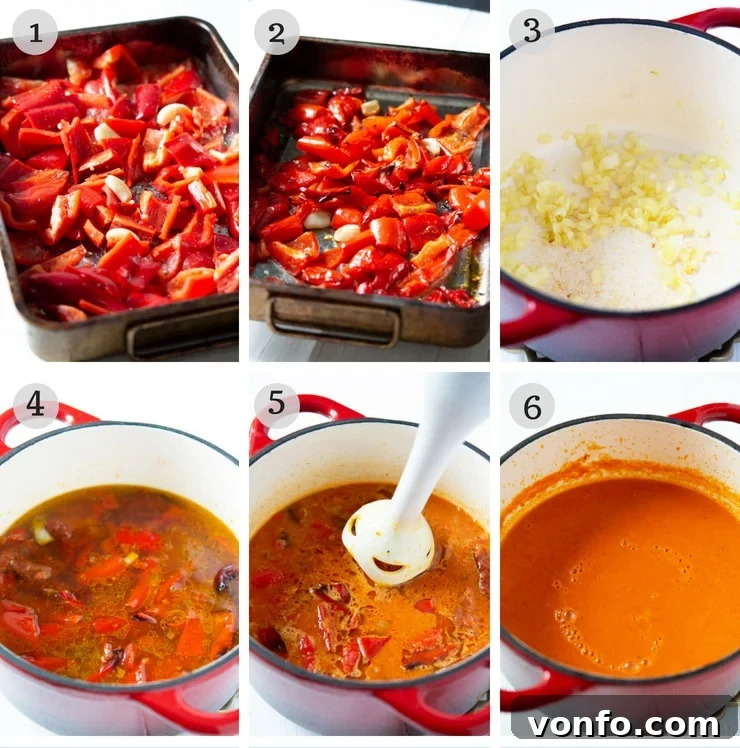 Roasted Red Pepper Soup. A delicious, thick and creamy soup made with roasted red peppers , sun dried tomatoes and topped with a pesto and creme fraiche swirl. A cozy and comforting soup for chilly nights. #peppersoup #soup A series of six step-by-step photos illustrating the process of making roasted red pepper soup, from roasting peppers to blending the final creamy soup.