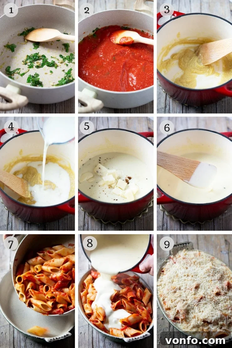 Step by step photos for making Pasta al Forno, showcasing the vibrant tomato sauce and the slightly undercooked pasta.