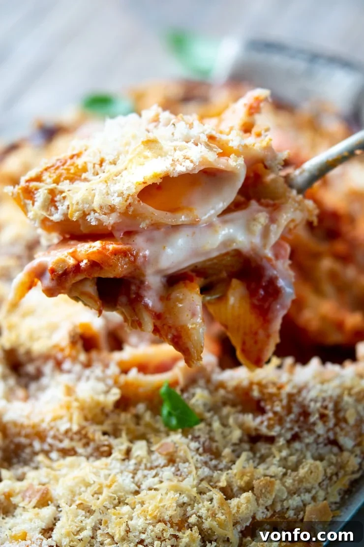 A close up of a serving spoon lifting a generous portion of creamy, oven-baked pasta with melted cheese and crispy breadcrumbs.