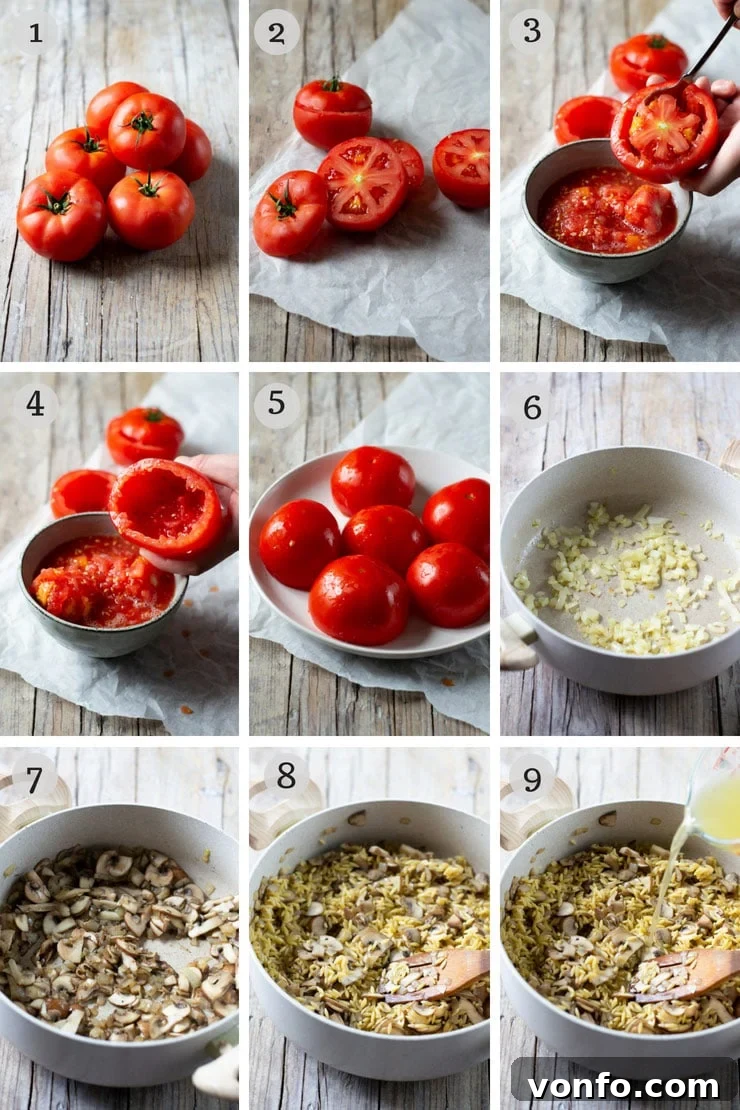 Savory Baked Orzo Tomatoes 3 Step by step photos showing how to hollow out tomatoes for stuffing, emphasizing the careful removal of pulp and salting for drainage.