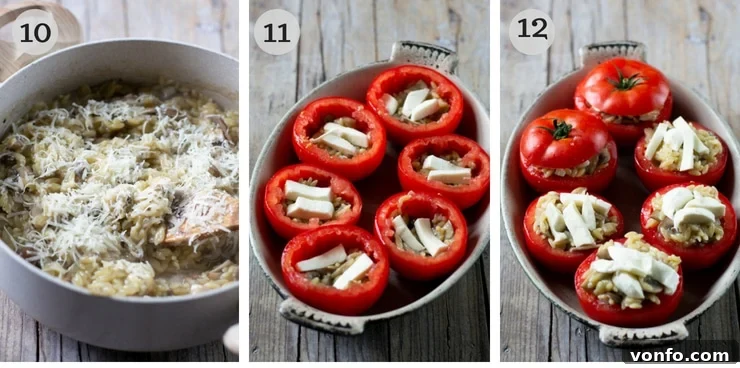 Savory Baked Orzo Tomatoes 4 Step by step photos illustrating the preparation of the creamy orzo and mushroom filling, including sautéing vegetables and risotto-style cooking of orzo.
