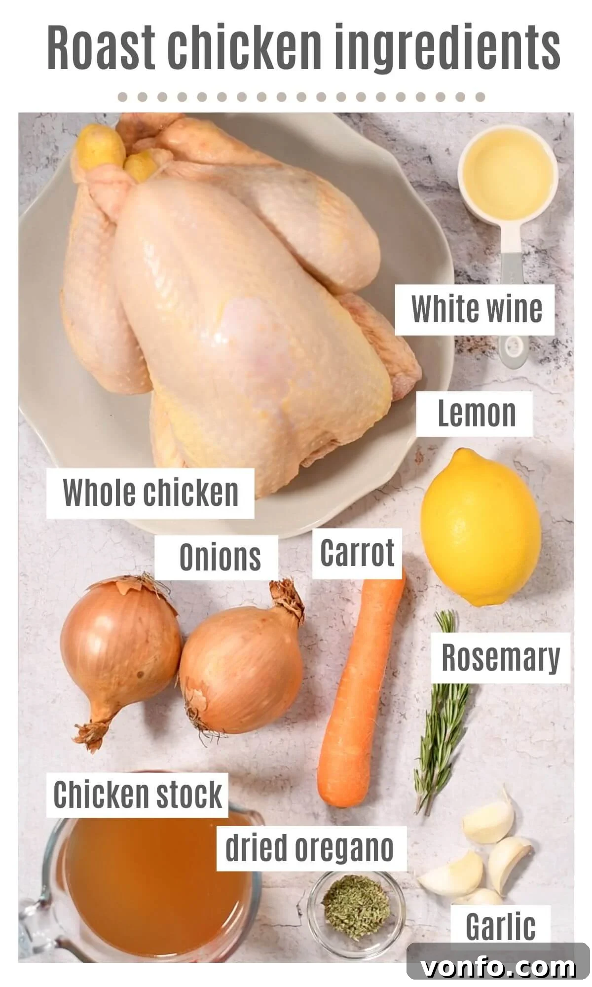Zesty Lemon Roast Chicken 3 An overhead shot of all the ingredients needed to make a lemon roast chicken.