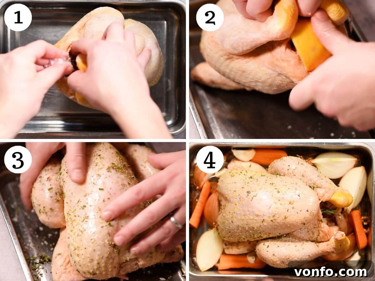 Zesty Lemon Roast Chicken 4 Four photos in a collage showing how to prepare a chicken for roasting.