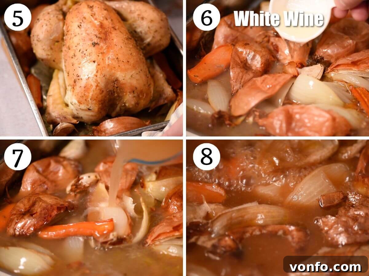 Zesty Lemon Roast Chicken 5 Four photos in a collage showing how to make a gravy from roast chicken.