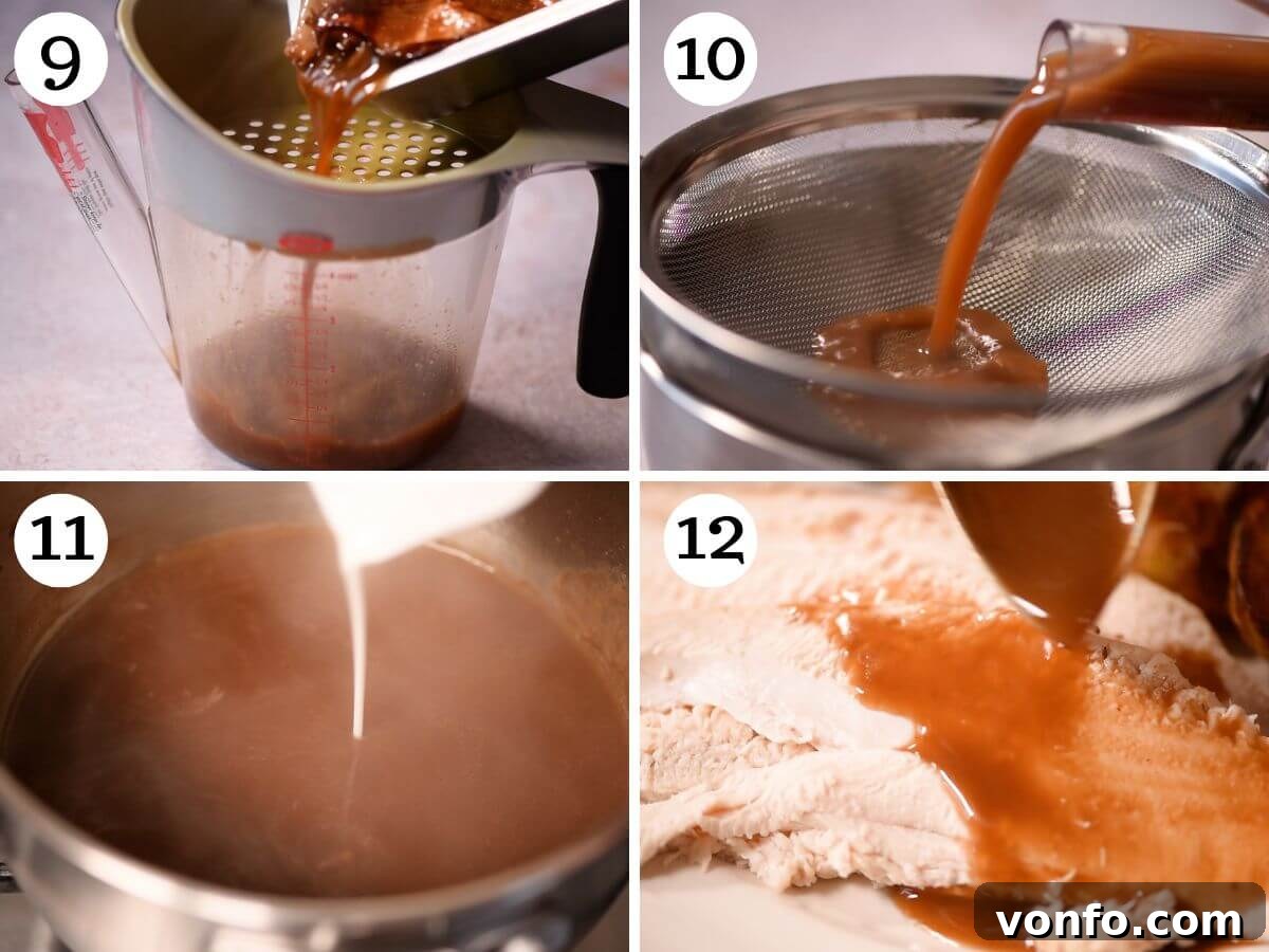 Zesty Lemon Roast Chicken 6 Four photos in a collage showing how to strain and thicken a gravy.