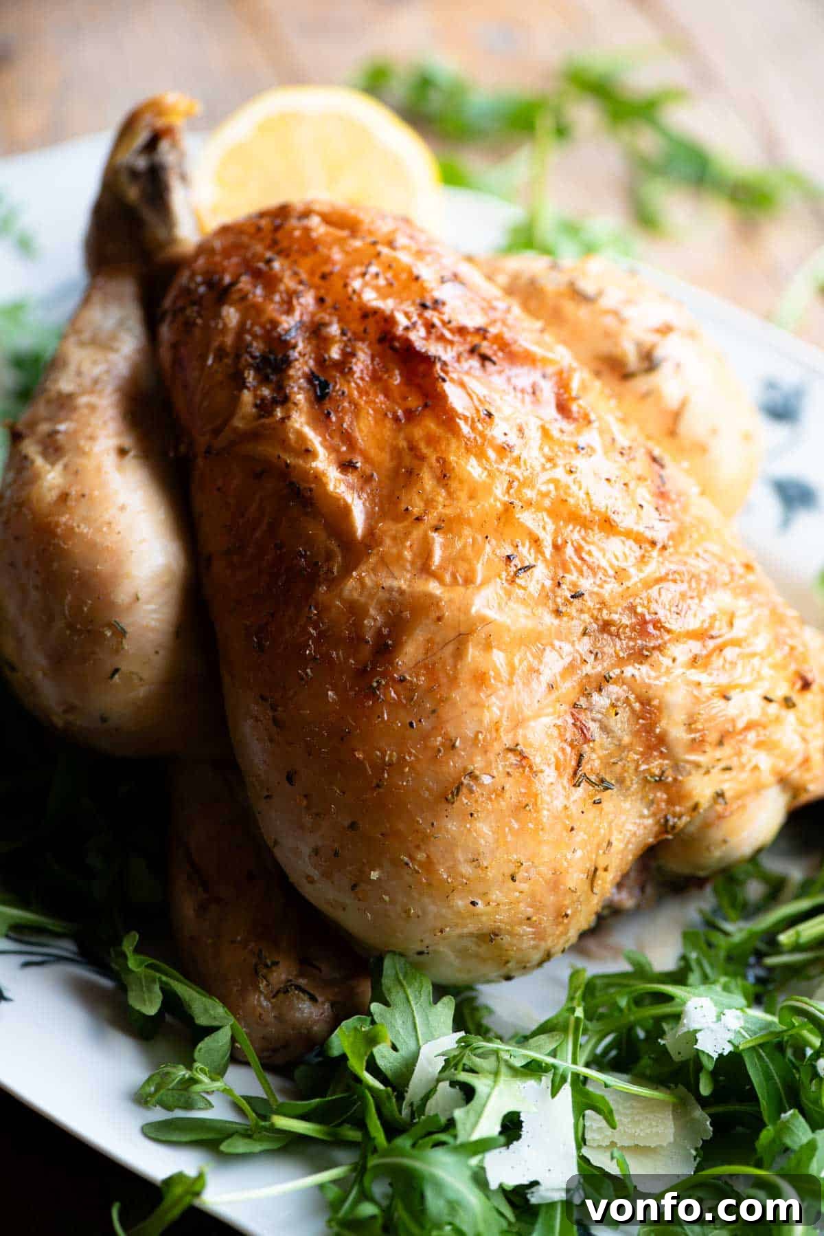 Zesty Lemon Roast Chicken 7 A close up side shot of a whole lemon roast chicken on a serving plate with arugula and lemon slices around it.