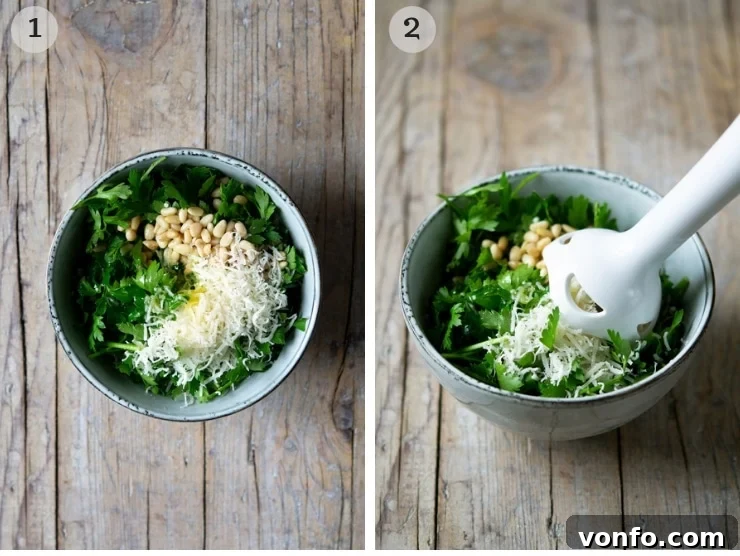 Bright and Simple Parsley Pesto 3 Step-by-step photos demonstrating the process of making parsley pesto with an immersion blender