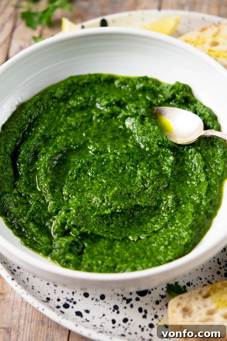 Bright and Simple Parsley Pesto 4 A vibrant close-up of freshly made parsley pesto in a white bowl, showcasing its smooth texture and rich green color