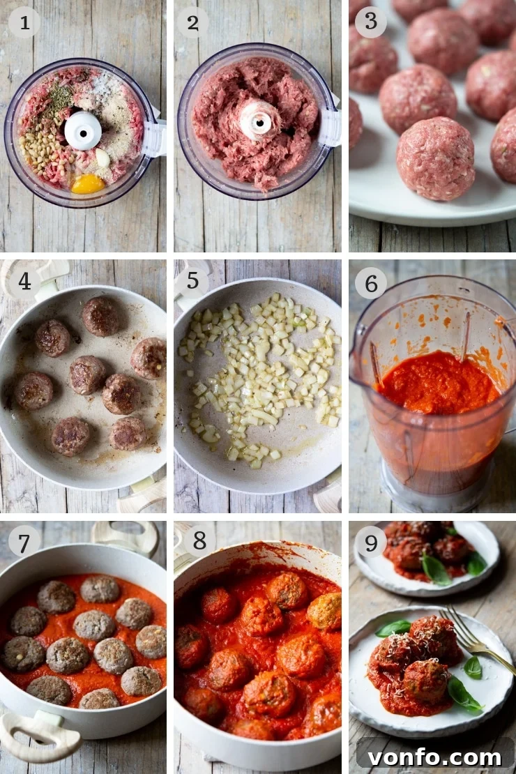 Slow-Cooked Italian Meatballs in Rustic Tomato Sauce 3 Step by step photos showing how to make Italian polpette meatballs from scratch with a tomato sauce