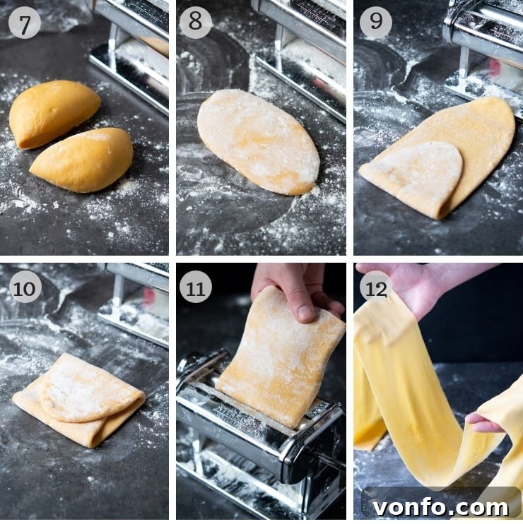 Rolling Homemade Pasta Dough with a Pasta Machine: Achieving Perfect Thickness for Various Italian Pasta Shapes. A sequence of step-by-step photos illustrating the precise process of rolling homemade pasta dough through a manual pasta machine. The images show the dough's transformation from a thick, flattened slab to perfectly thin, smooth sheets, demonstrating the correct technique and each progressive stage of thinning to achieve ideal pasta consistency.