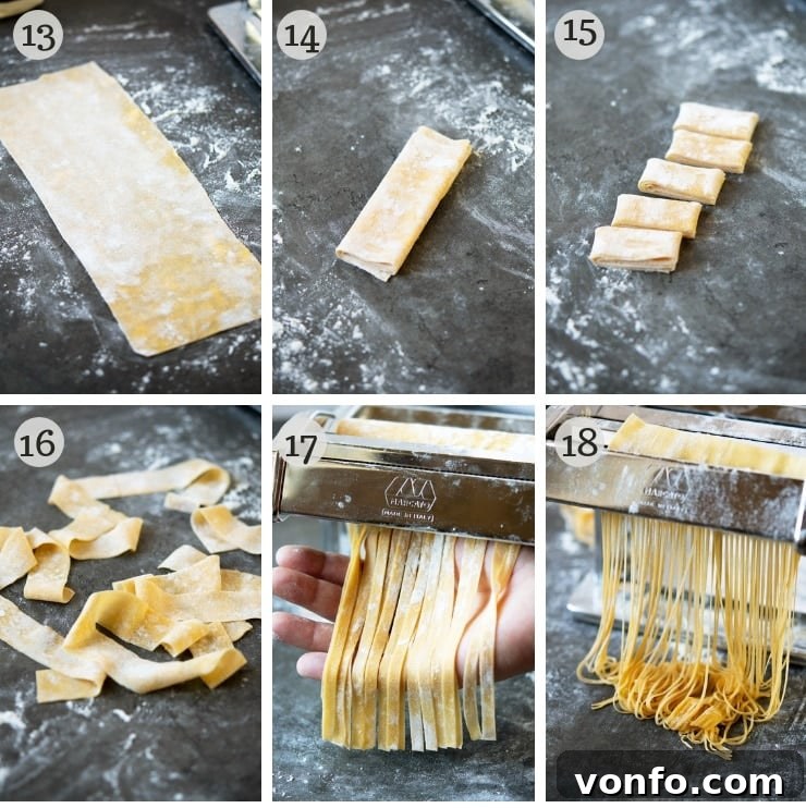 Shaping Homemade Pasta: Techniques for Lasagne, Pappardelle, Tagliatelle, and Fettuccine A compelling series of step-by-step photos demonstrating the transformation of homemade pasta dough into various classic shapes: first, rolling into versatile lasagne sheets; then, the traditional method of hand-cutting wide pappardelle; and finally, utilizing machine attachments for uniform tagliatelle and fettuccine. This visual guide captures the entire progression of fresh pasta preparation.