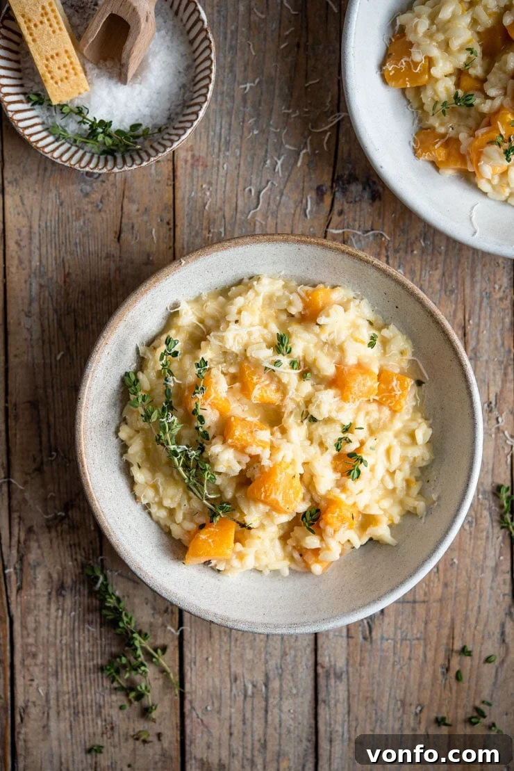 Butternut Squash Risotto with Thyme: Creamy, Comforting, and Easy | Winter Recipes | Italian Recipes | Italian Risotto | #risotto #butternutsquash #comfortfood An overhead shot of butternut squash risotto in a rustic bowl, garnished with fresh thyme.